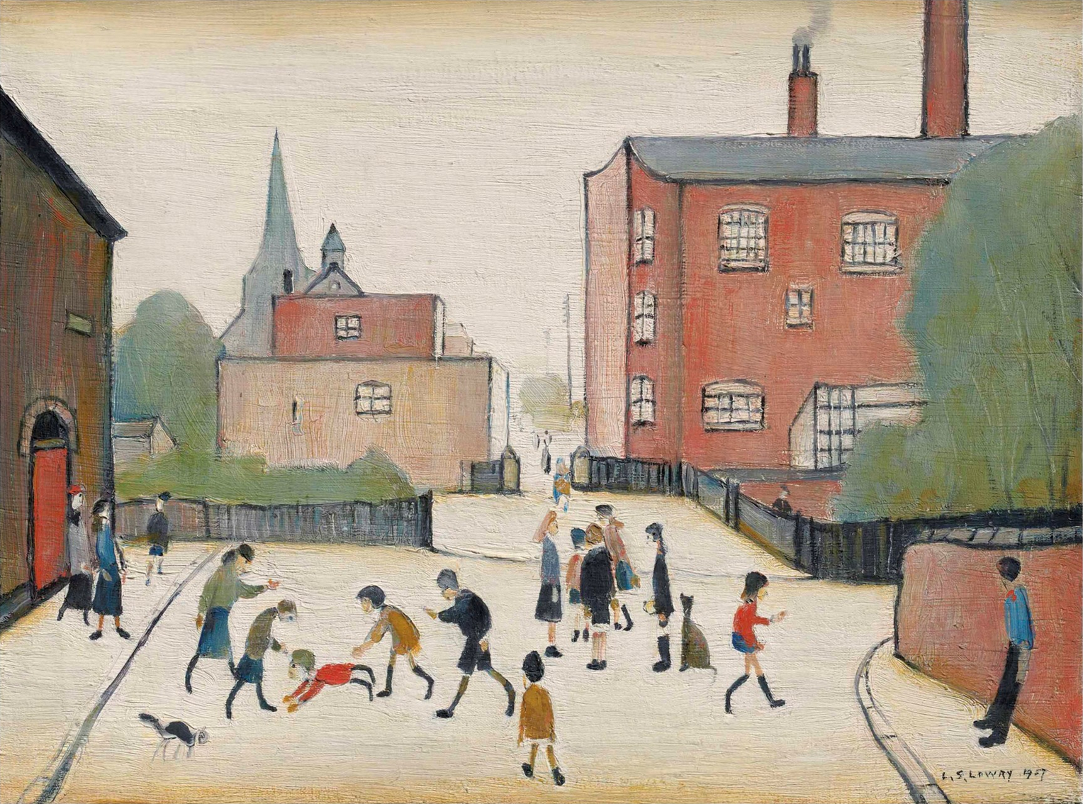 Children Playing, Old Road, Failsworth (1957) by Laurence Stephen Lowry (1887 - 1976), English artist.