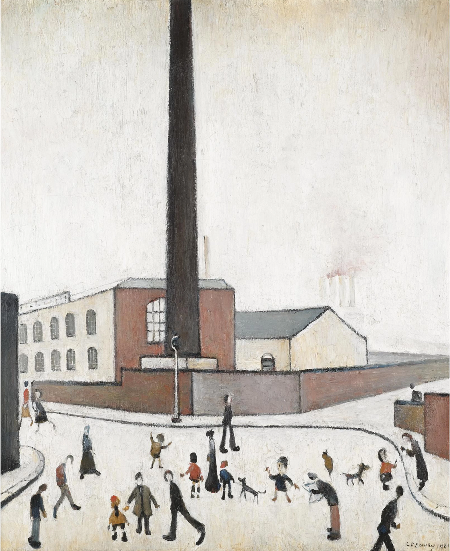 Mill Scene with Figures (1961) by Laurence Stephen Lowry (1887 - 1976), English artist.