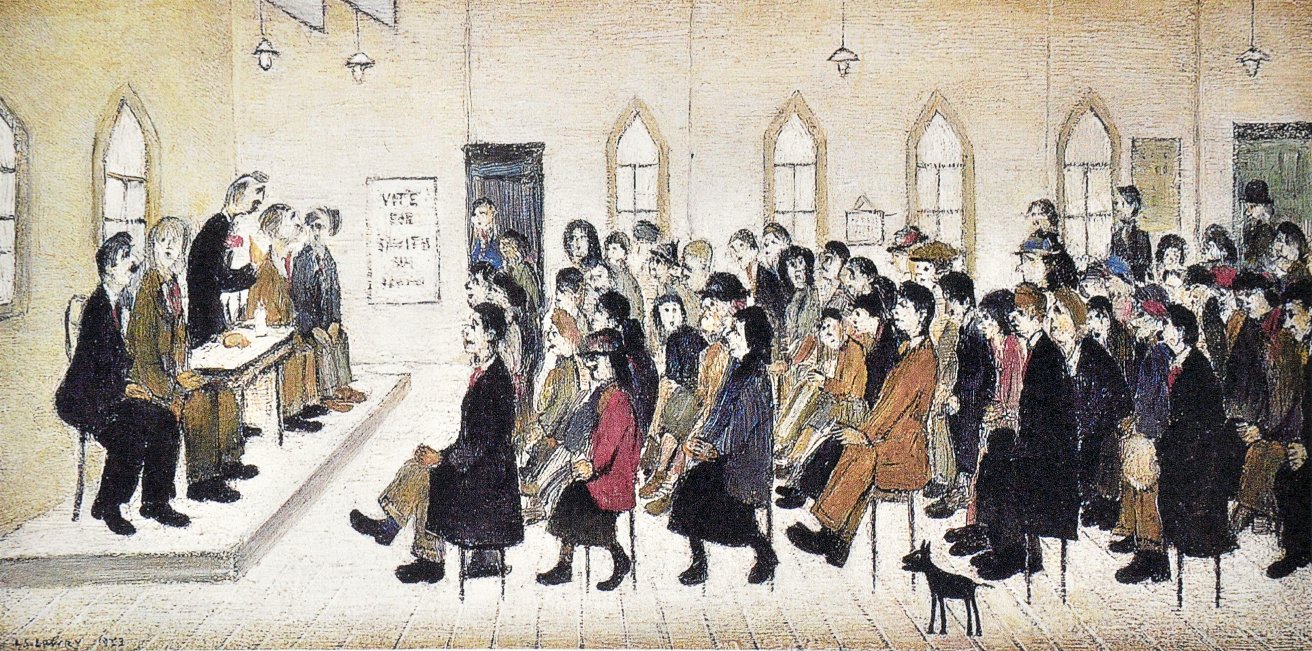 Political meeting, Ashton-under-Lyne (1953) by Laurence Stephen Lowry (1887 - 1976), English artist.