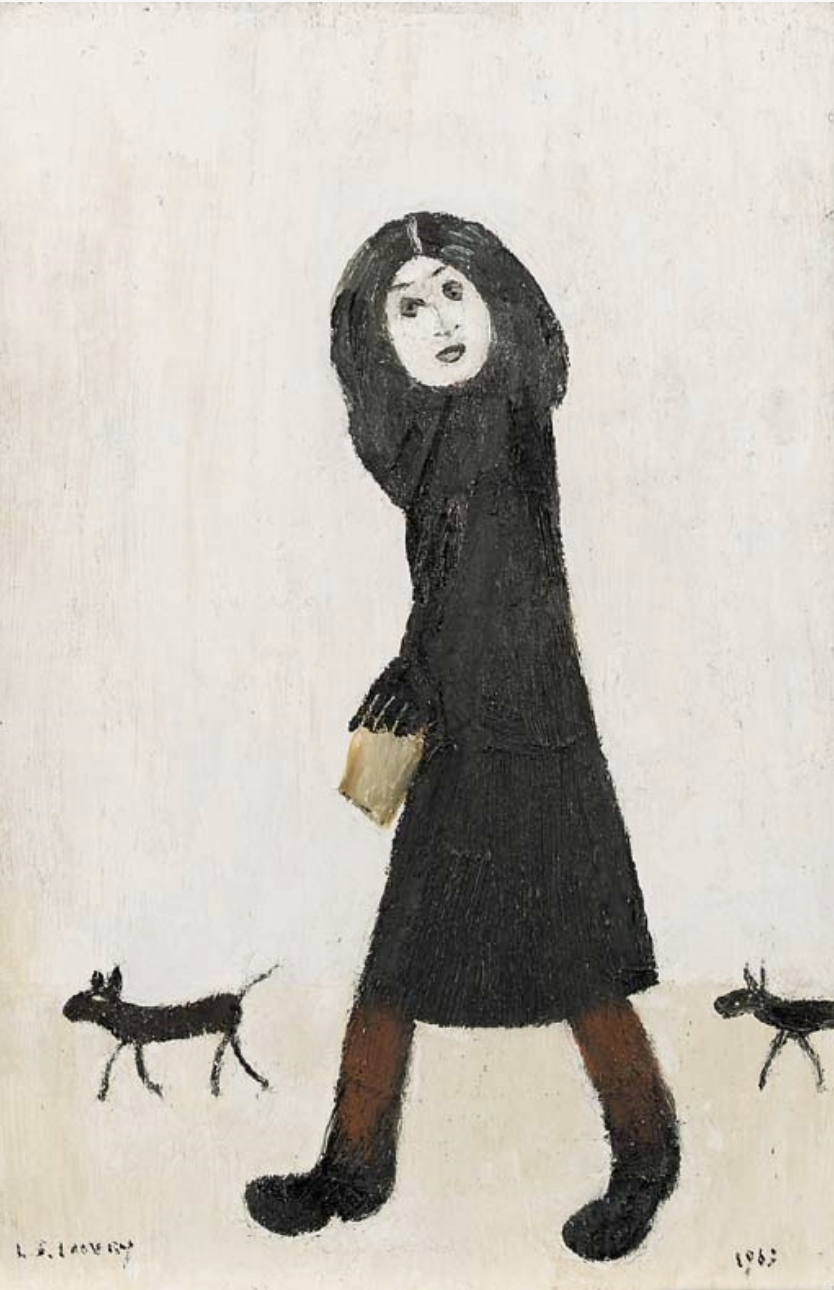 Lady with a Dog and a Half (1963) by Laurence Stephen Lowry (1887 - 1976), English artist.