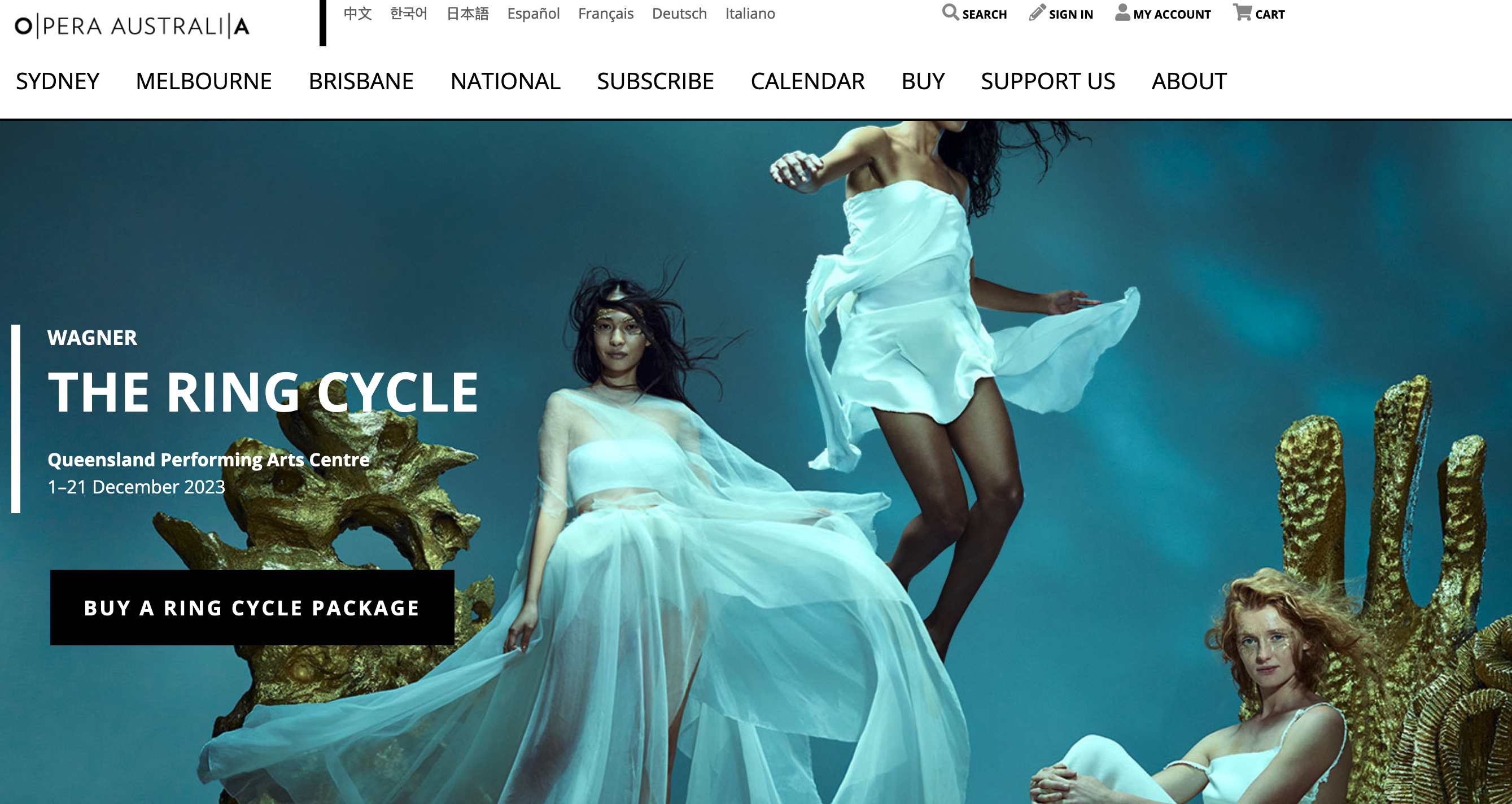 A screen grab of the Opera Australia website advertising the upcoming Wagner Ring Cycle. The three Rhine maidens in flowing white gowns are posed.