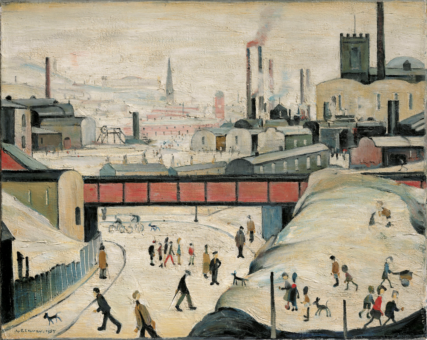 The Red Bridge (1958) by Laurence Stephen Lowry (1887 - 1976), English artist.