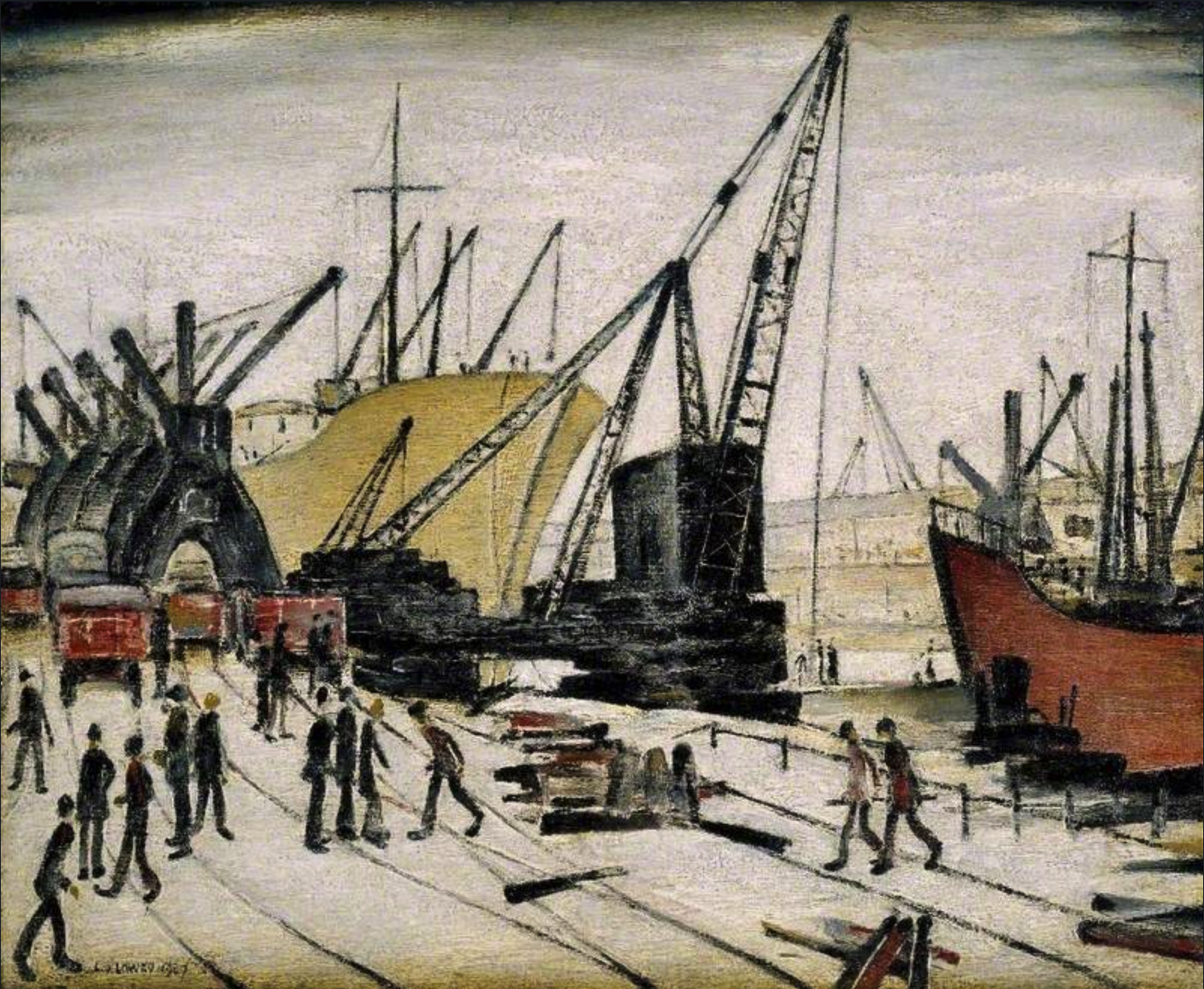 Crane and Ships, Glasgow Docks (1947) by Laurence Stephen Lowry (1887 - 1976), English artist.