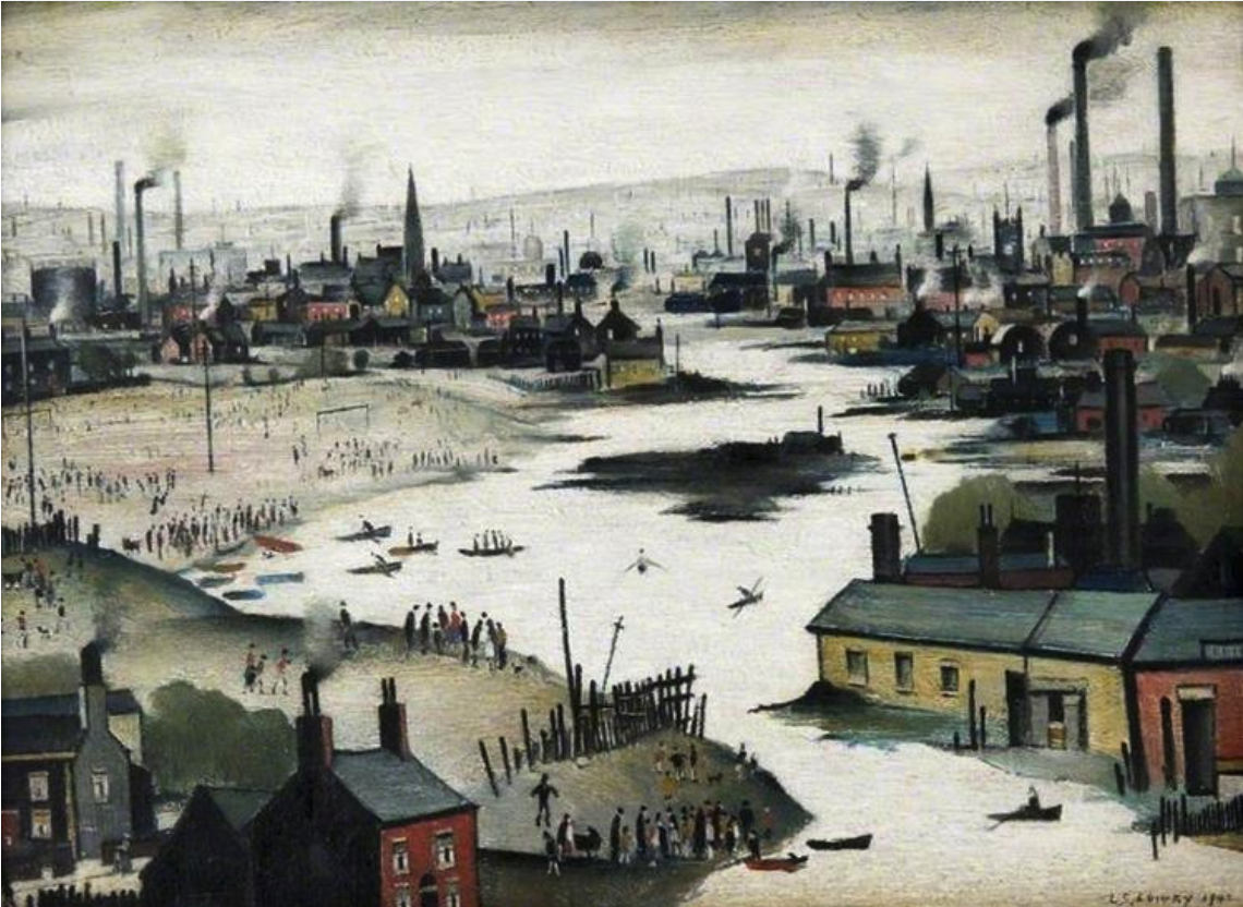 River Scene (1942) by Laurence Stephen Lowry (1887 - 1976), English artist.