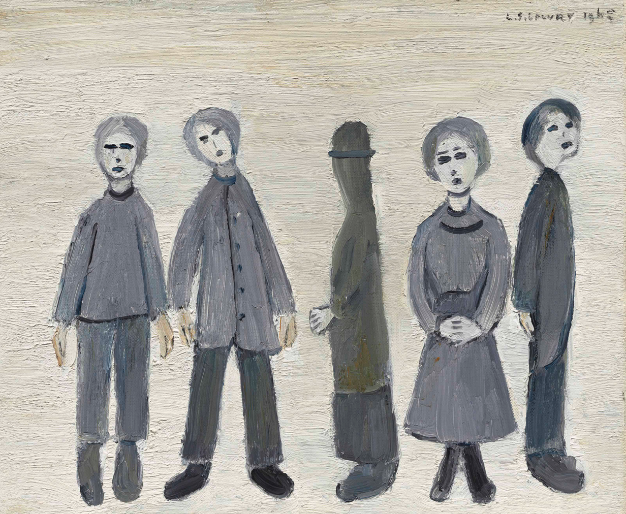 Five Figures in Grey (1965) by Laurence Stephen Lowry (1887 - 1976), English artist.