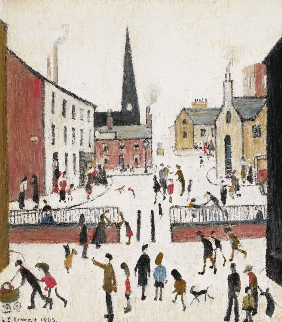Figures with Church and Bollards (1962) by Laurence Stephen Lowry (1887 - 1976), English artist.