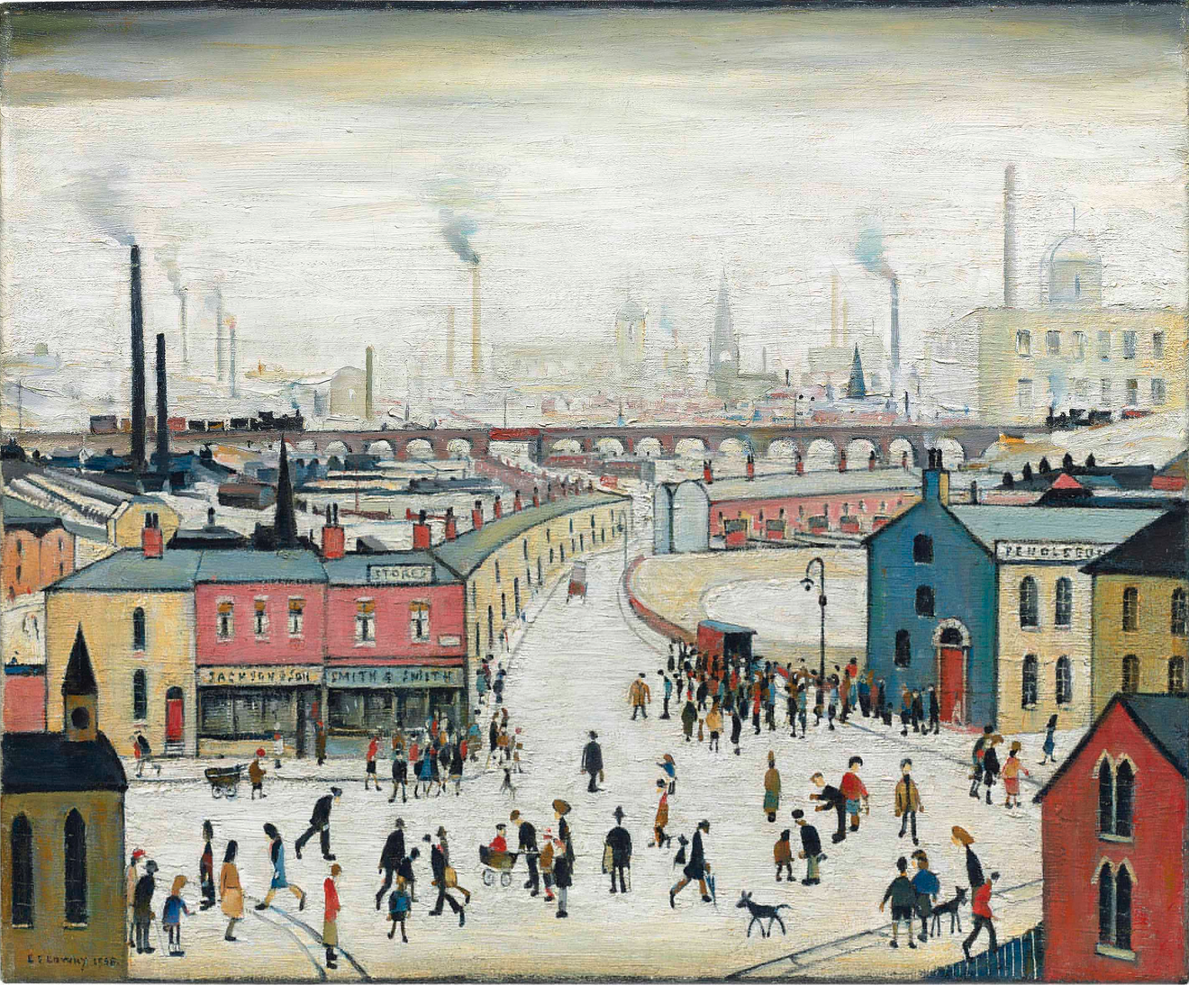 Industrial landscape: Stockport Viaduct (1958) by Laurence Stephen Lowry (1887 - 1976), English artist.