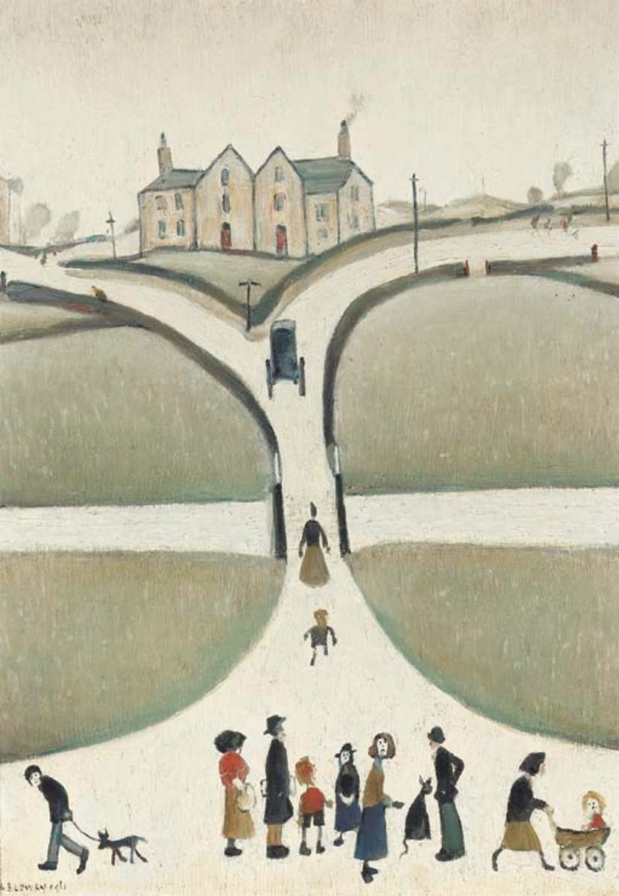 Lady crossing a bridge (1961) by Laurence Stephen Lowry (1887 - 1976), English artist.