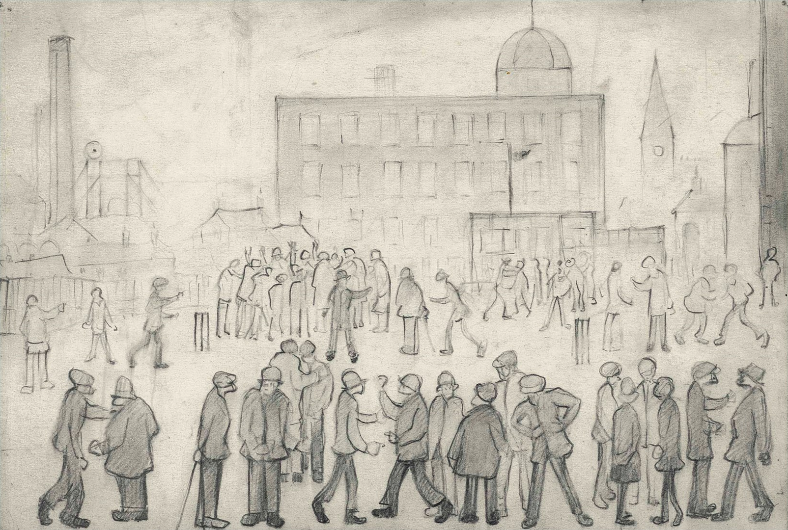 The Mill, Lunchtime; a Cricket Match (circa 1940) by Laurence Stephen Lowry (1887 - 1976), English artist.