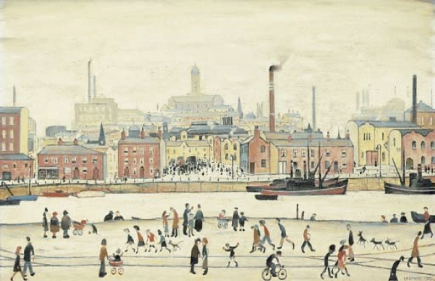 Northern River Scene (1959) by Laurence Stephen Lowry (1887 - 1976), English artist.