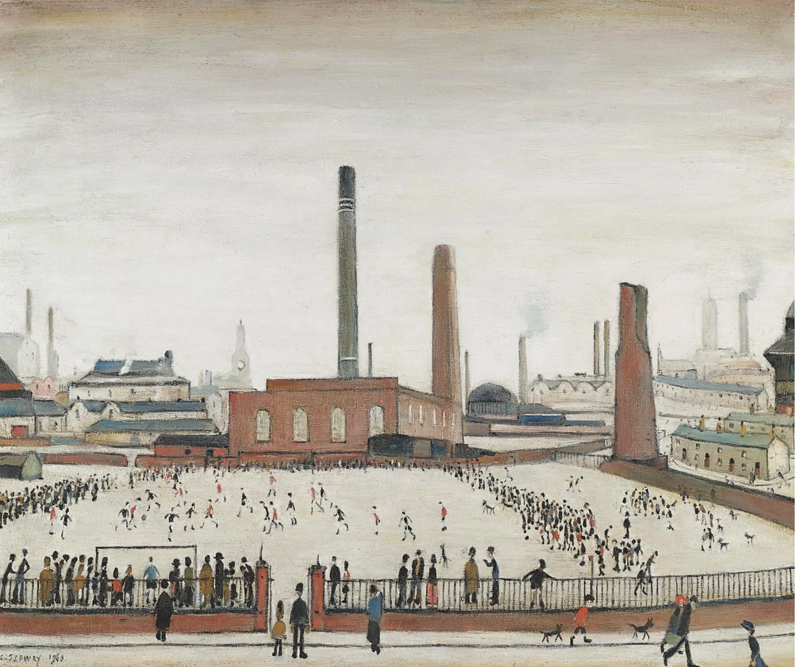 A football match (1960) by Laurence Stephen Lowry (1887 - 1976), English artist.