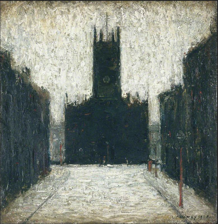 St John's Church, Manchester (1938) by Laurence Stephen Lowry (1887 - 1976), English artist.