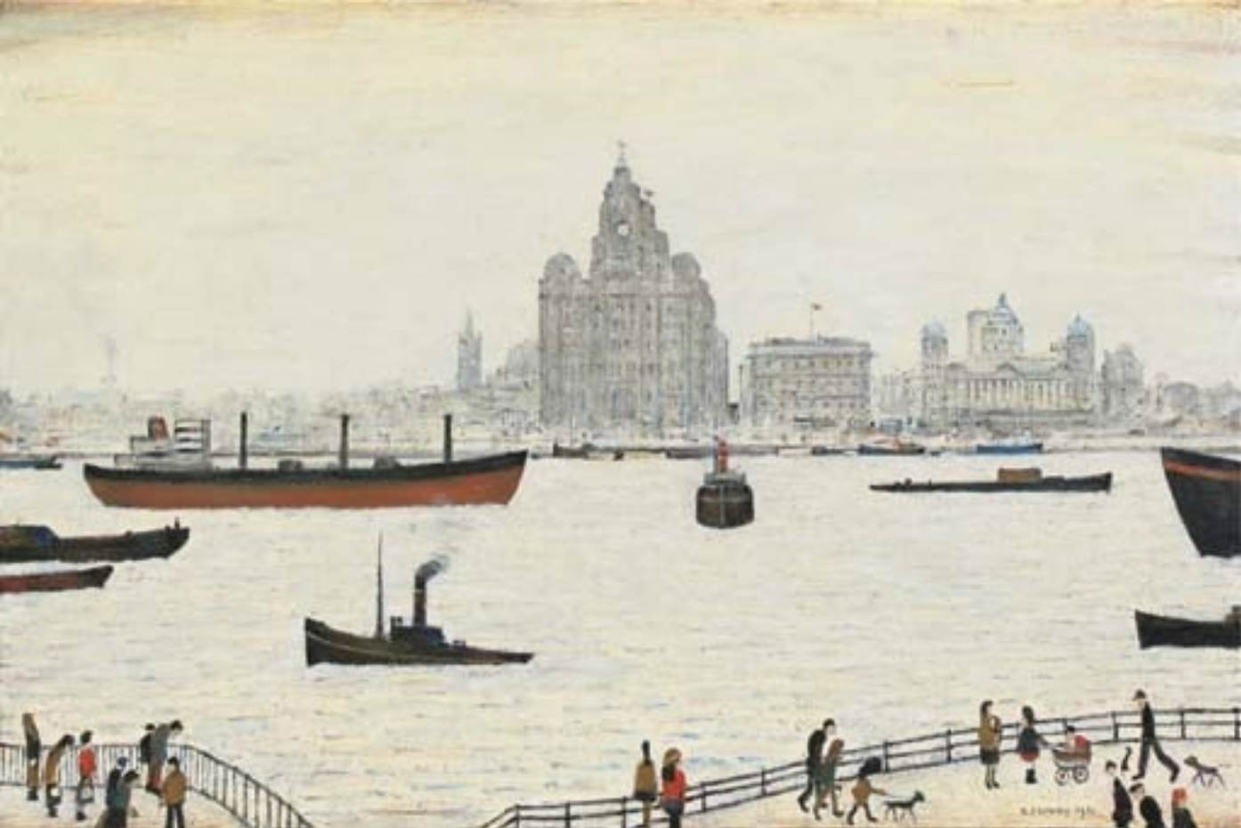 The Liver Buildings, Liverpool (1962) by Laurence Stephen Lowry (1887 - 1976), English artist.