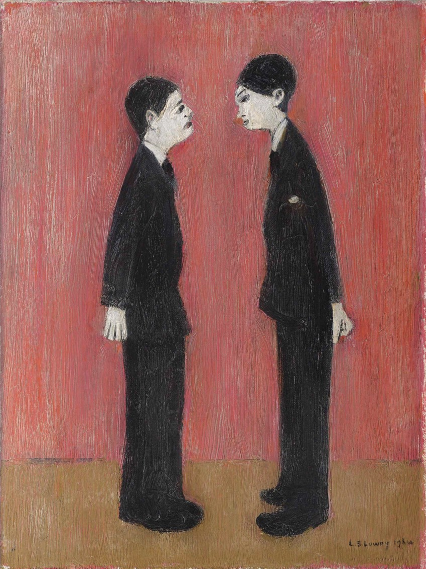 Two Men Talking (1964) by Laurence Stephen Lowry (1887 - 1976), English artist.
