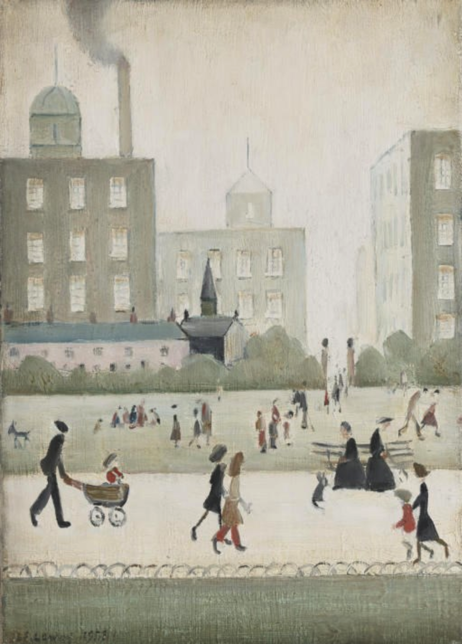 Figures in the Park (1958) by Laurence Stephen Lowry (1887 - 1976), English artist.