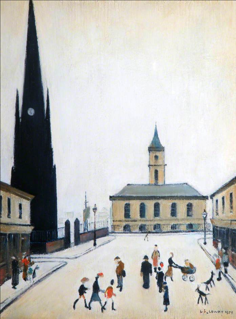 The Old Town Hall and St Hilda's Church, Middlesbrough, Tees Valley (1959) by Laurence Stephen Lowry (1887 - 1976), English artist.