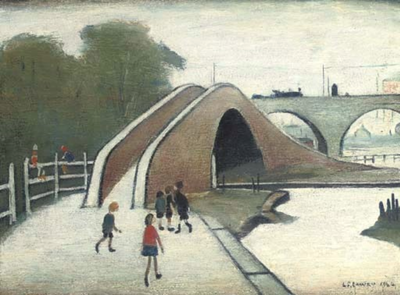 A footbridge (1944) by Laurence Stephen Lowry (1887 - 1976), English artist.