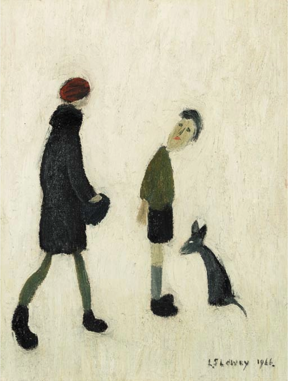 Figures with a dog (1966) by Laurence Stephen Lowry (1887 - 1976), English artist.