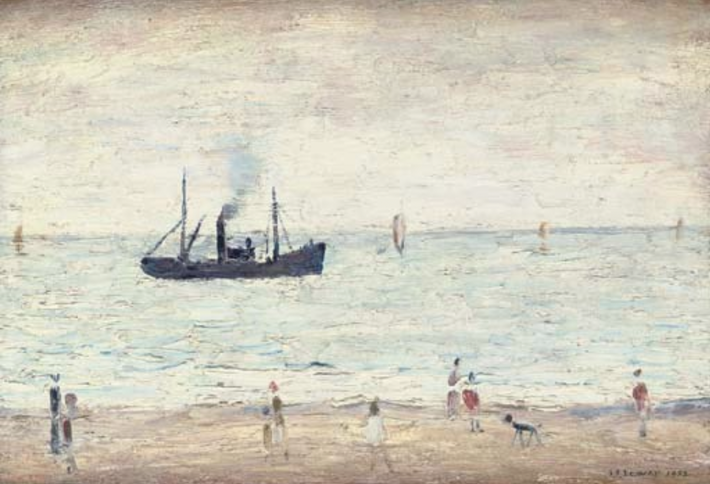 Seascape with figures (1952) by Laurence Stephen Lowry (1887 - 1976), English artist.