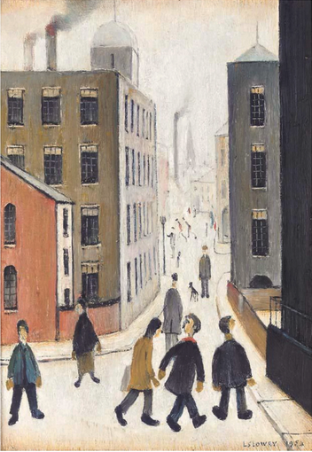 Street Scene with Figures (1954) by Laurence Stephen Lowry (1887 - 1976), English artist.