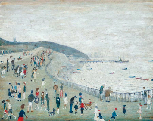 The Beach at Penarth (1960) by Laurence Stephen Lowry (1887 - 1976), English artist.