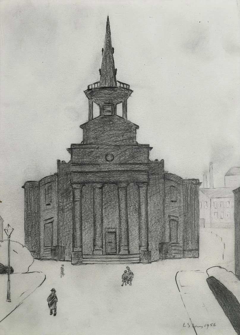 Church and Figures(1956) by Laurence Stephen Lowry (1887 - 1976), English artist.