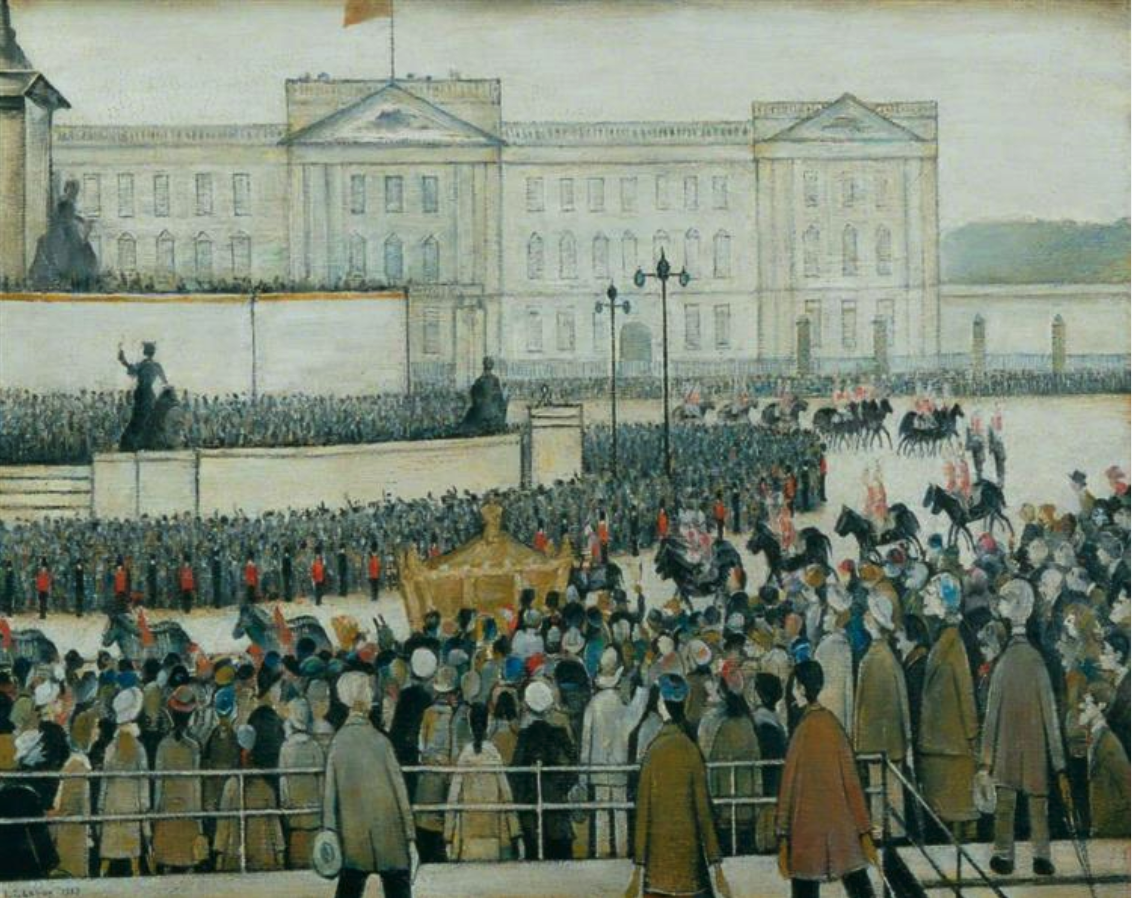 The Procession Passing the Queen Victoria Memorial, Coronation (1953) by Laurence Stephen Lowry (1887 - 1976), English artist.