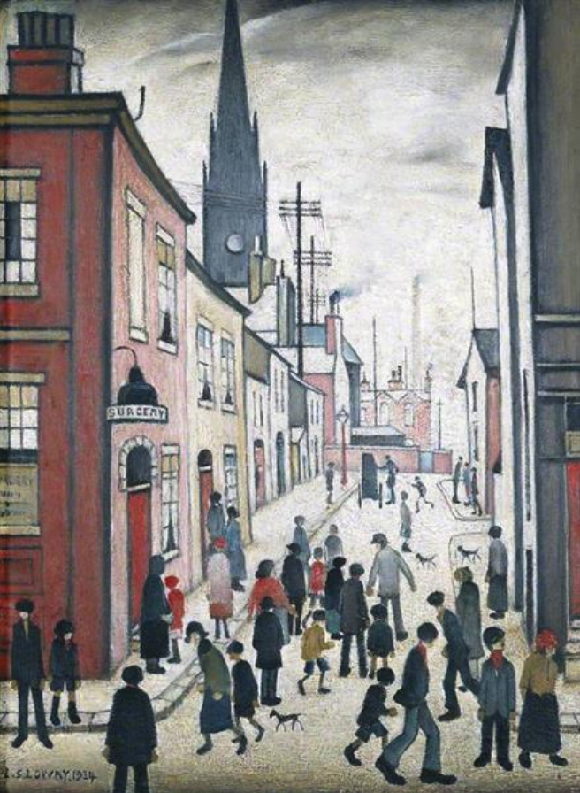 An Organ Grinder (1934) by Laurence Stephen Lowry (1887 - 1976), English artist.